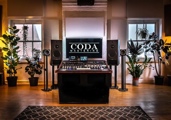 Front view of CODA Mastering with a V3 Acoustic 52RU Desk finished in African rosewood and the integrated analogue processing chain.