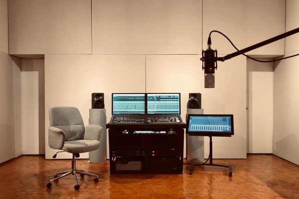 Front view of Balanced Audio Records with a customised V3 Acoustic 52RU Desk and two mixing screens.