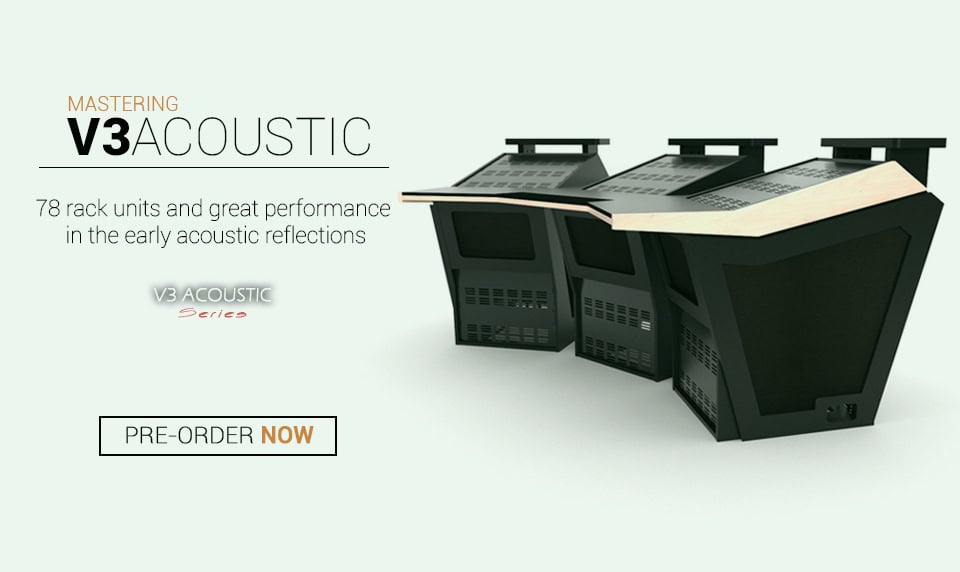 Gama V Series de escritorios para estudios de grabación con un modelo V3 Acoustic 78RU-A.