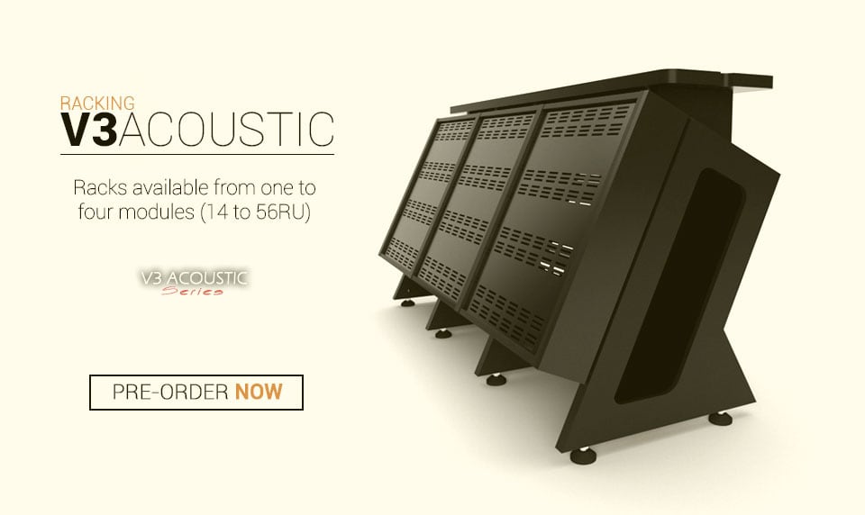 Gama Racking V3 Acoustic con racks auxiliares angulados disponibles de uno a cuatro módulos.